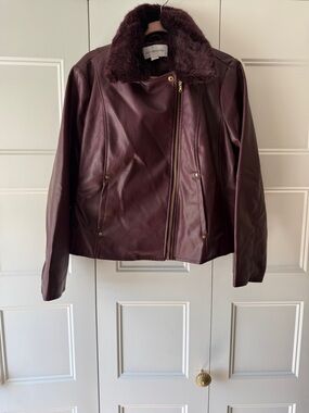 Liz Claiborne Faux-Leather Moto Jacket with Detachable Faux-Fur Collar - SZ XL